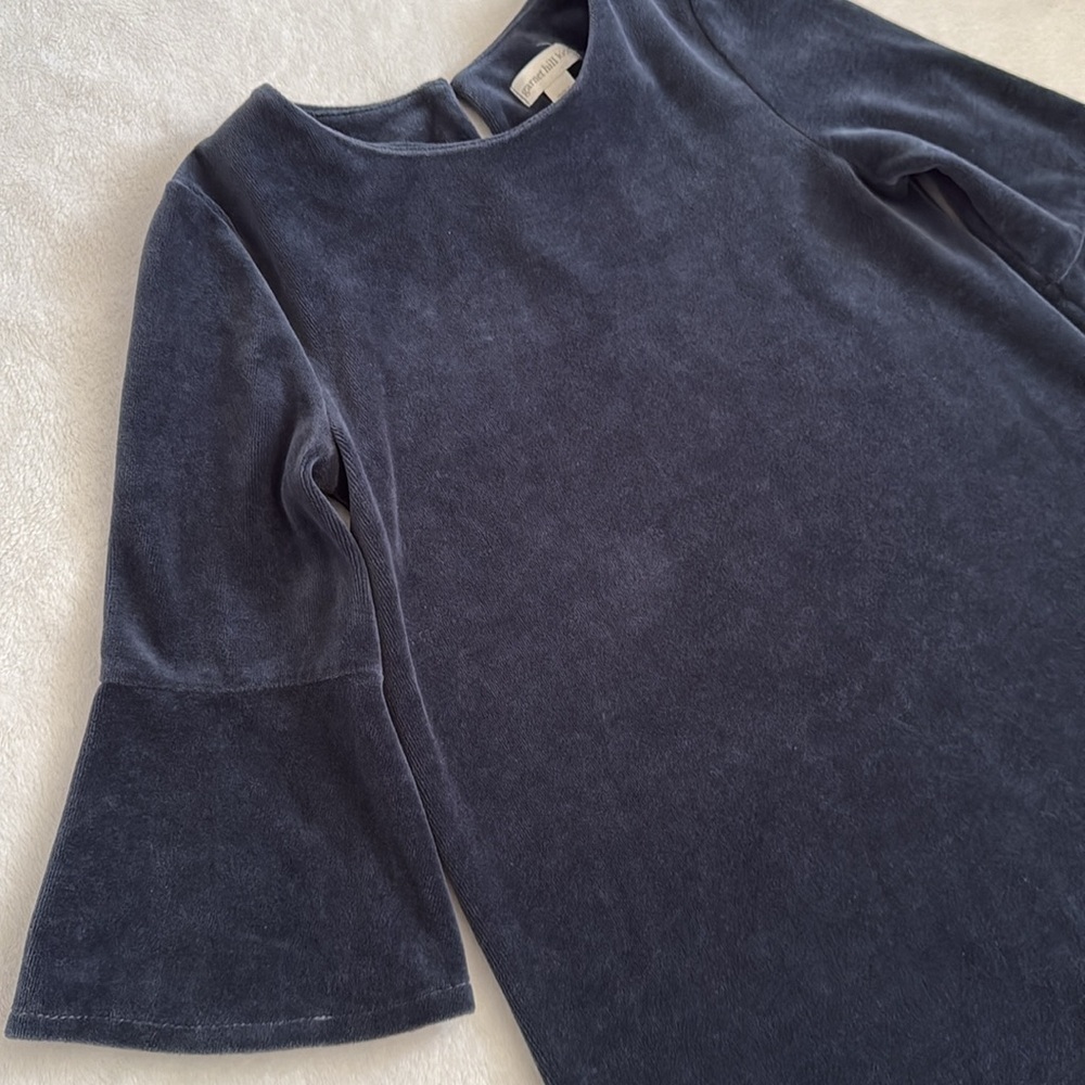 Garnet Hill Kids | Madeline Velour 3/4 Bell Sleeve Flounce Dress Blue (8) - Picture 2 of 12